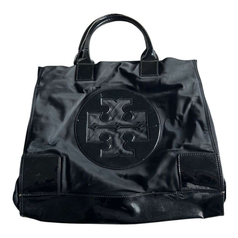 Tory Burch Ella Black Nylon Patent Logo Large Tote Bag